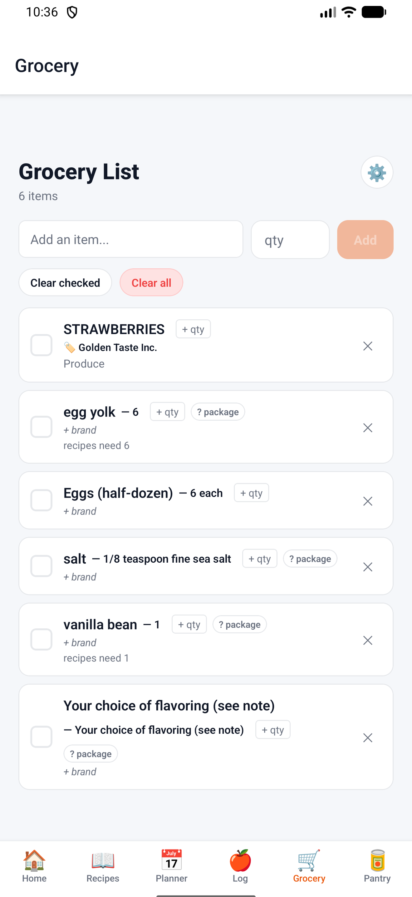DishBinder Grocery screen