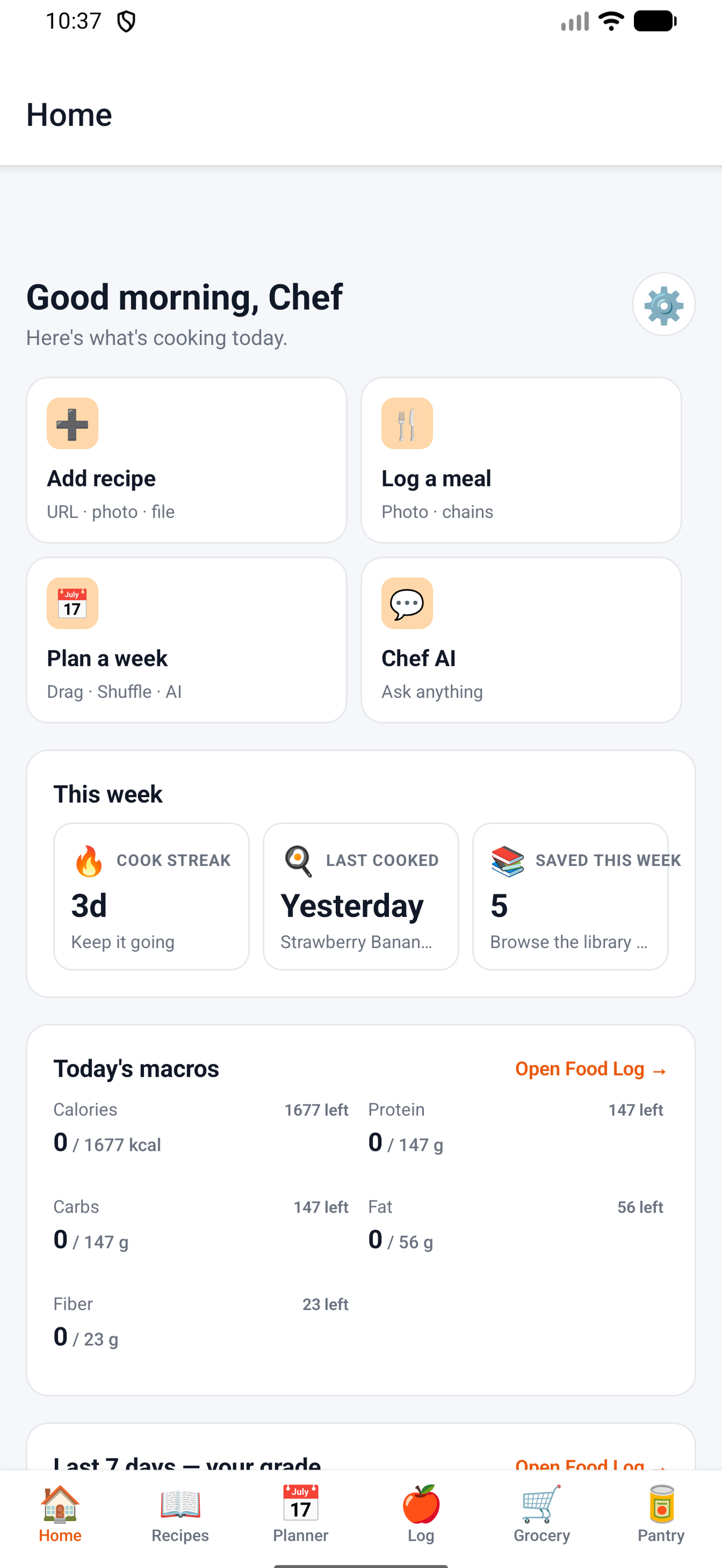 DishBinder home screen — today's food log, macros, and what fits your day