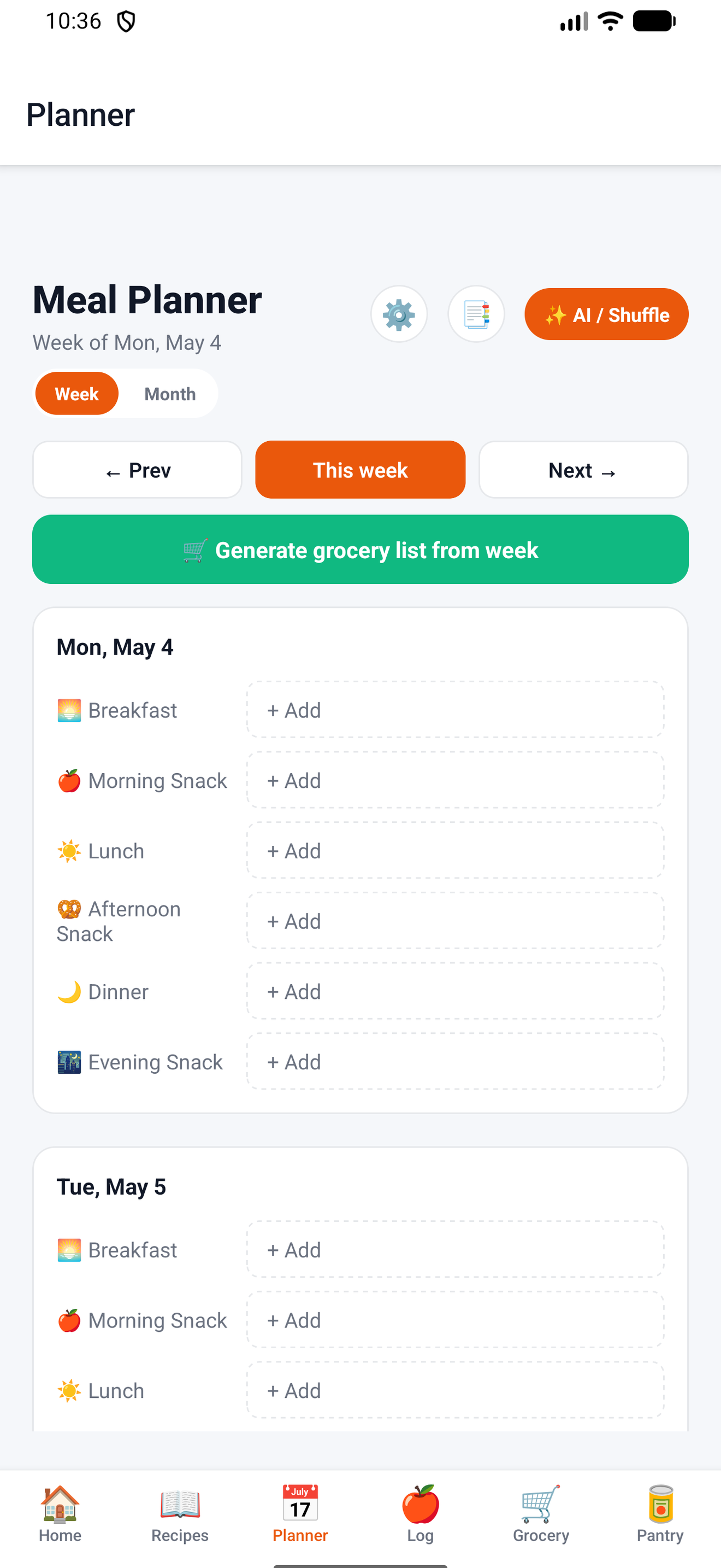DishBinder Planner screen