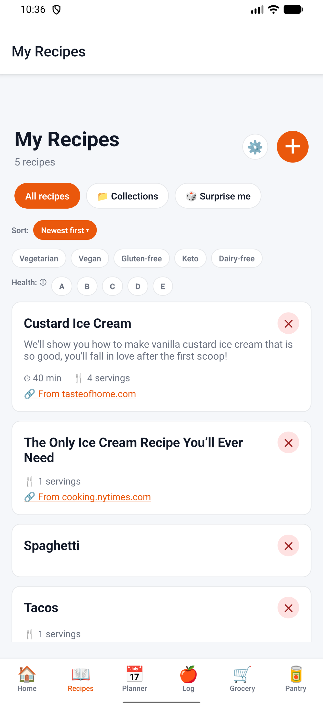 DishBinder Recipes screen
