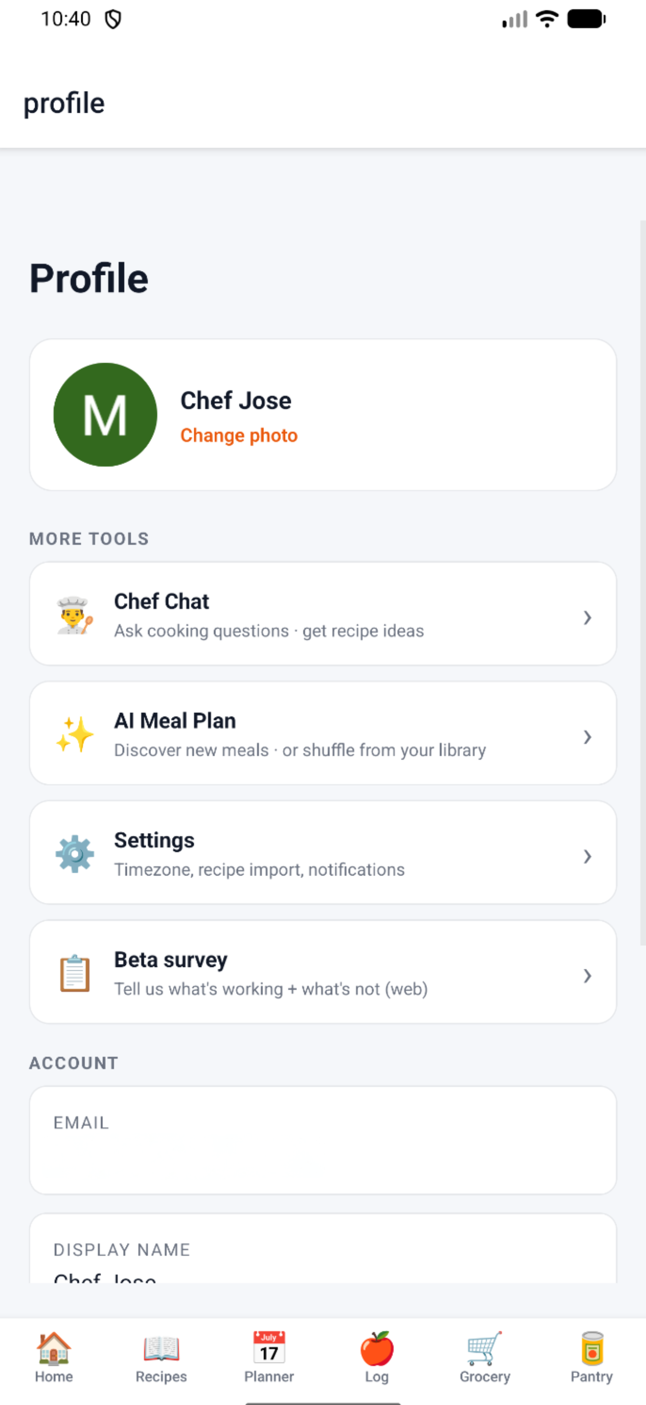 DishBinder Settings screen
