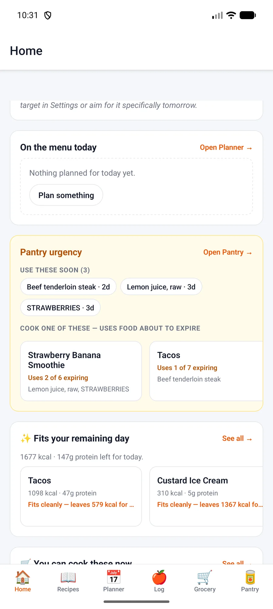 DishBinder home screen with pantry urgency and macro-aware suggestions