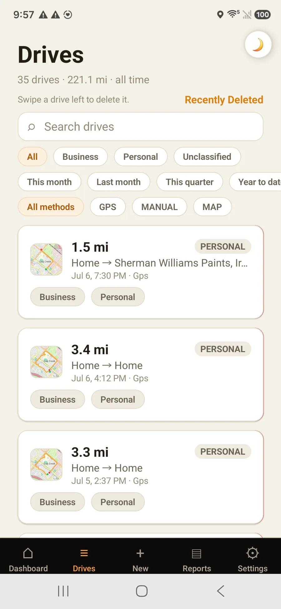 OdometerIQ drives list with map thumbnails and one-tap business or personal classification
