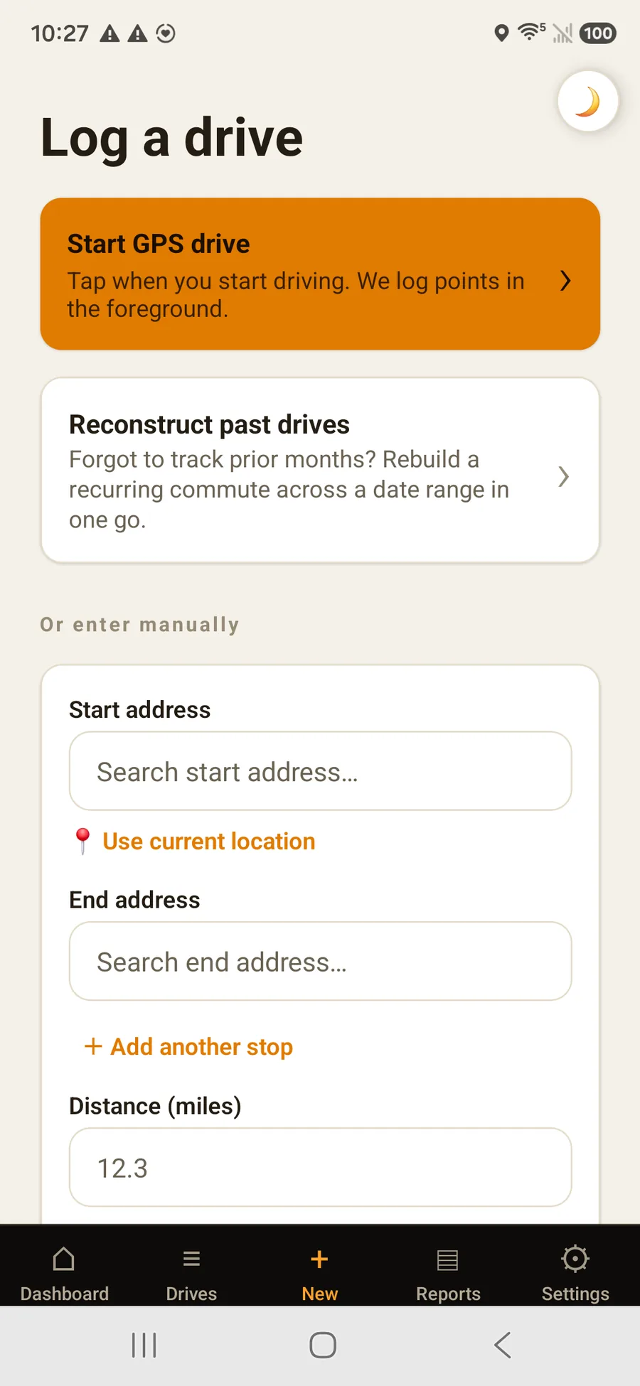 OdometerIQ log a drive — GPS tracking, manual entry, and past-drive reconstruction