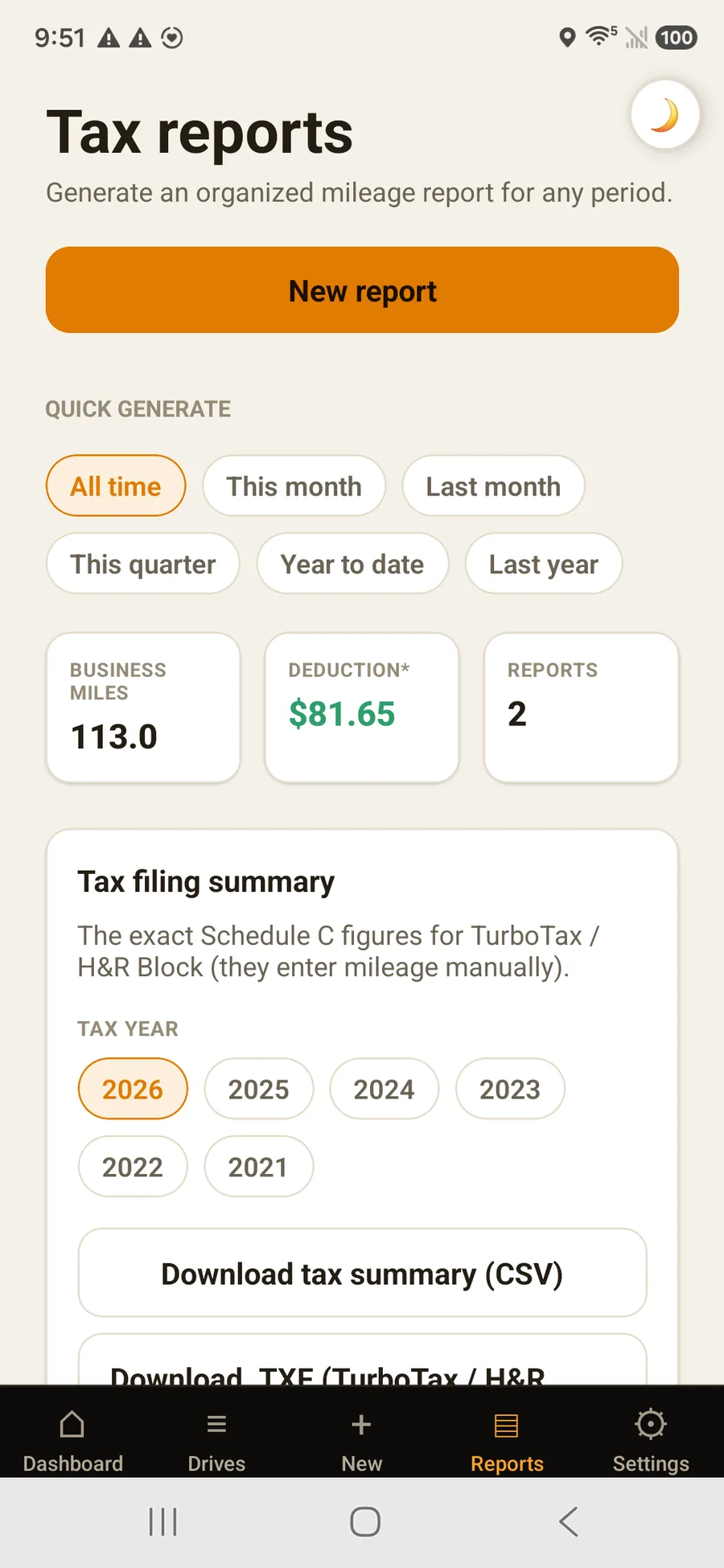 OdometerIQ tax reports with business miles and deduction totals