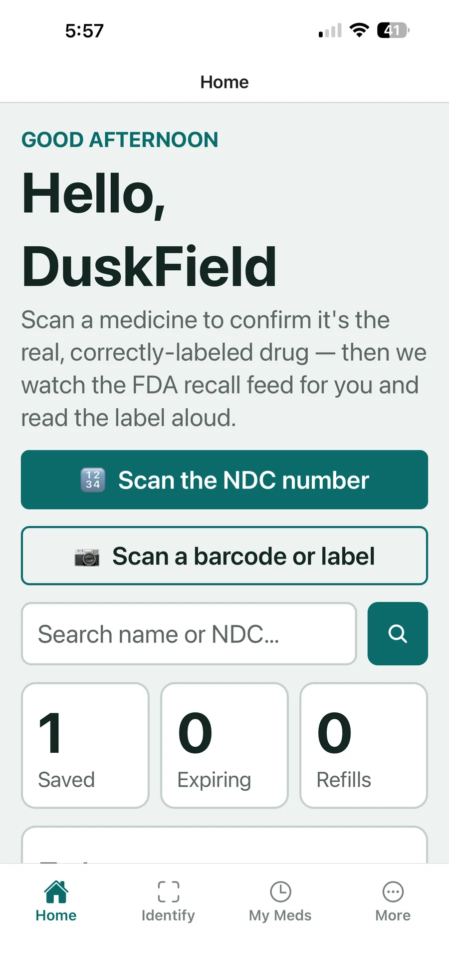 VerifyDrugLabel home — scan the NDC number, scan a barcode or label, saved meds
