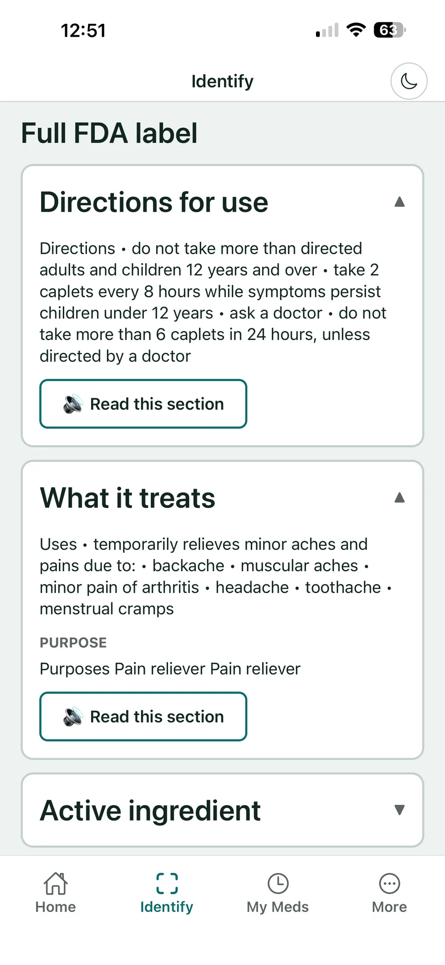 VerifyDrugLabel drug detail — the full FDA label split into sections, each with its own Read this section button