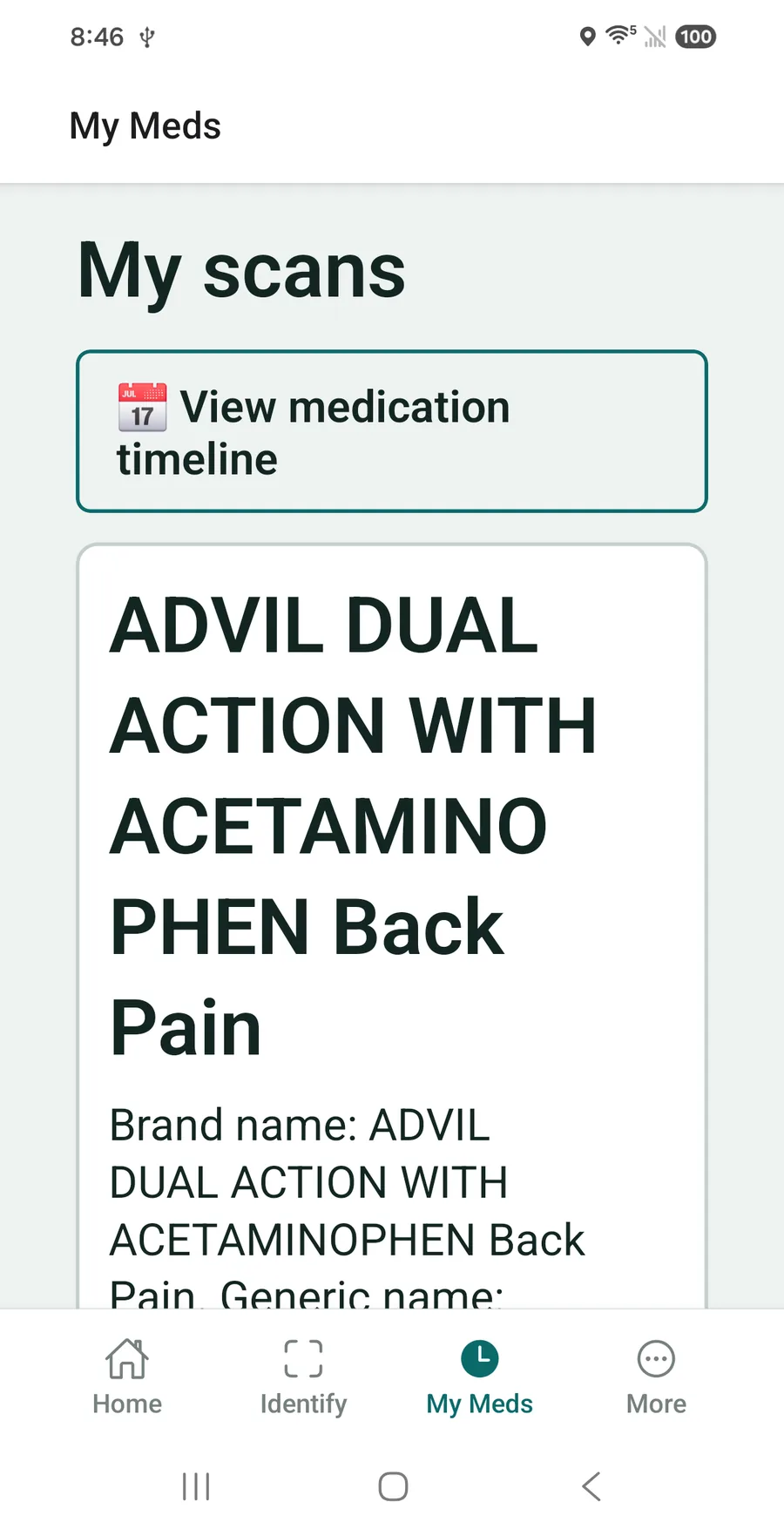 VerifyDrugLabel My Meds — saved scans and the medication timeline