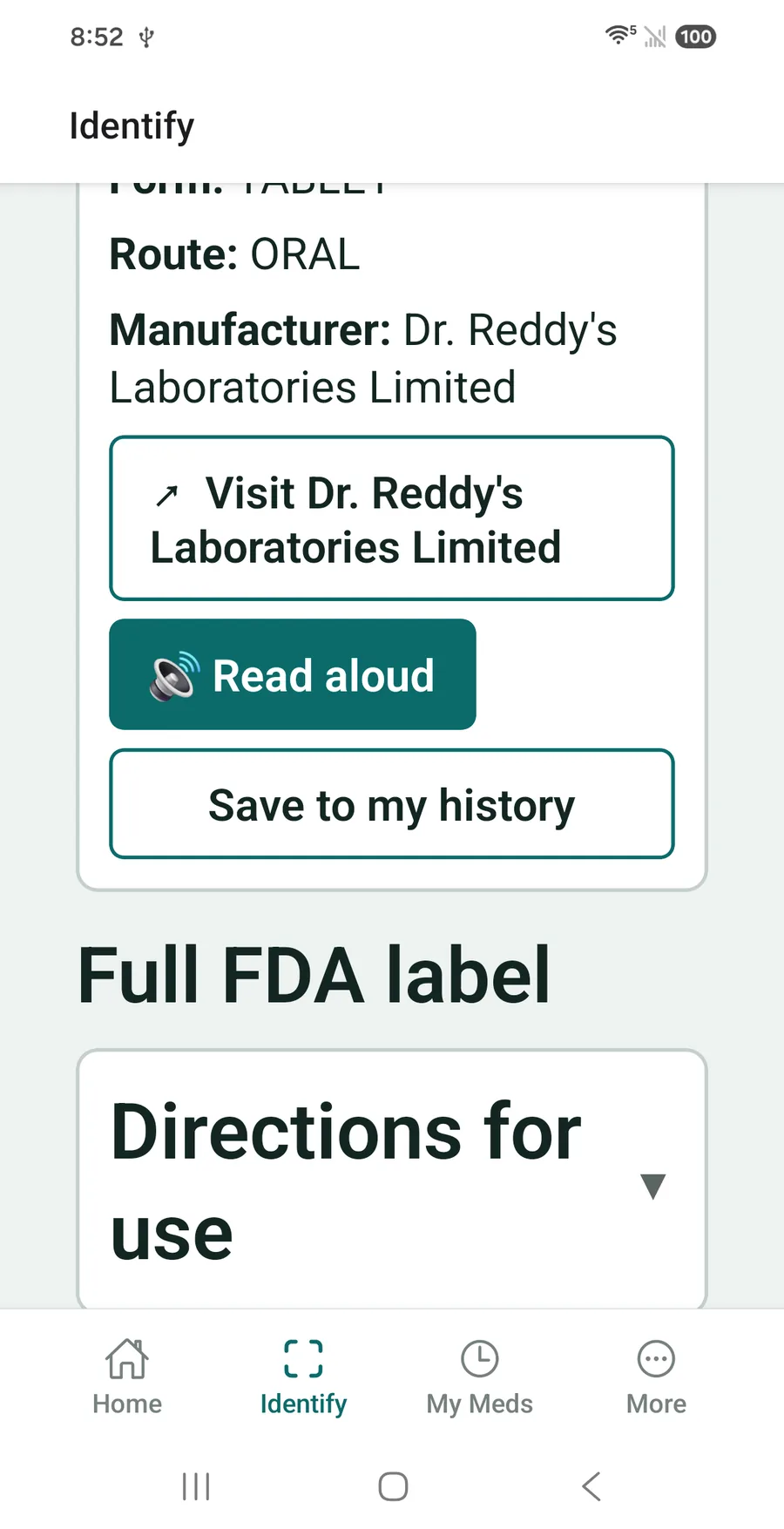 VerifyDrugLabel drug detail — full FDA label with Read aloud button